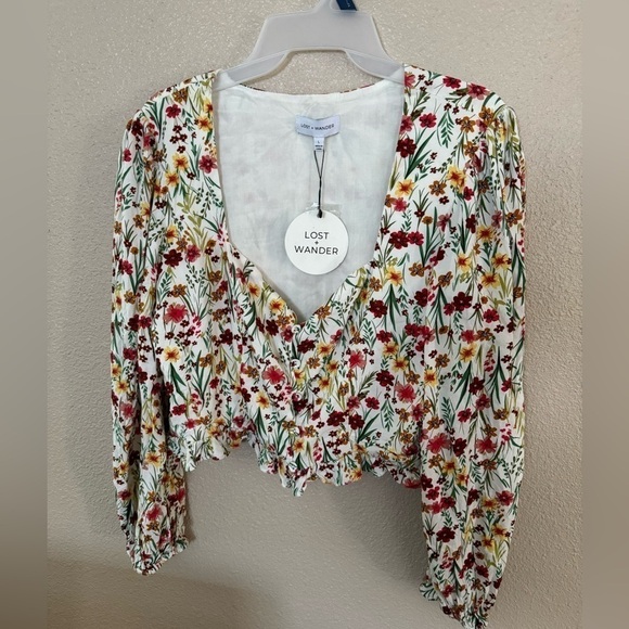 Lost + Wander Multi Floral Square Neck Long Sleeve Button Down Crop Top - Picture 1 of 7